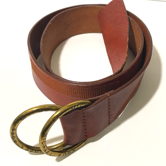Michael Kors Vintage Brown Genuine Leather Thick Gold O Ring Belt Buckles L/XL